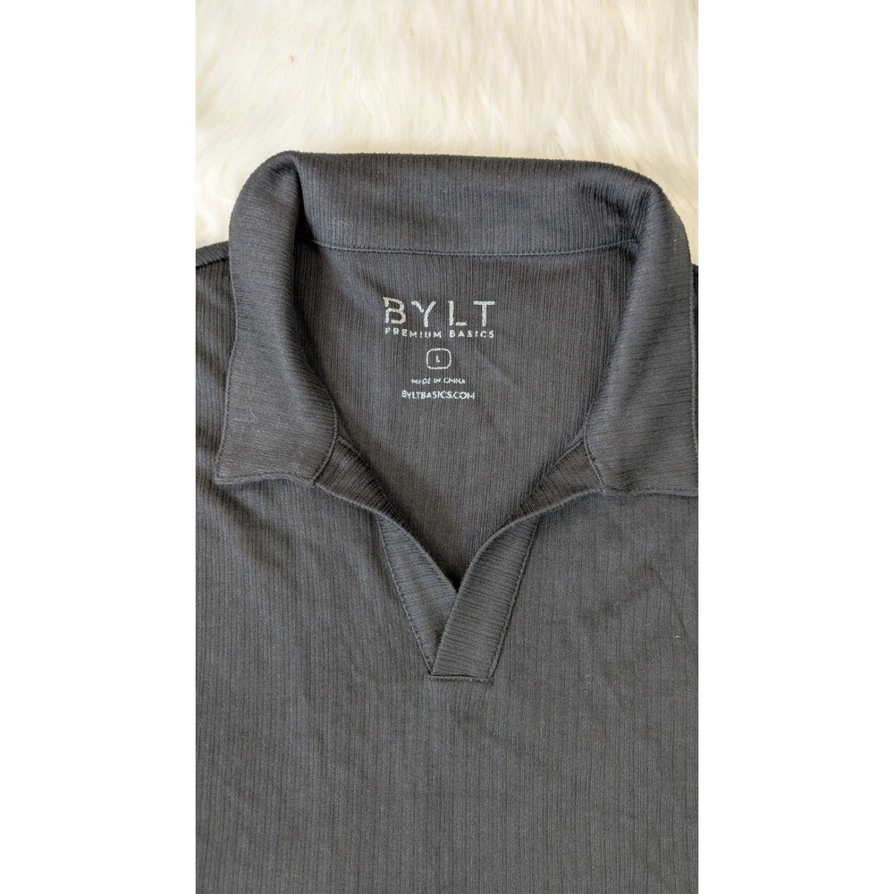 BYLT Premium Size Large Basics Ribbed Short Sleeve Open V Polo Shirt Mens Black - Picture 9 of 11
